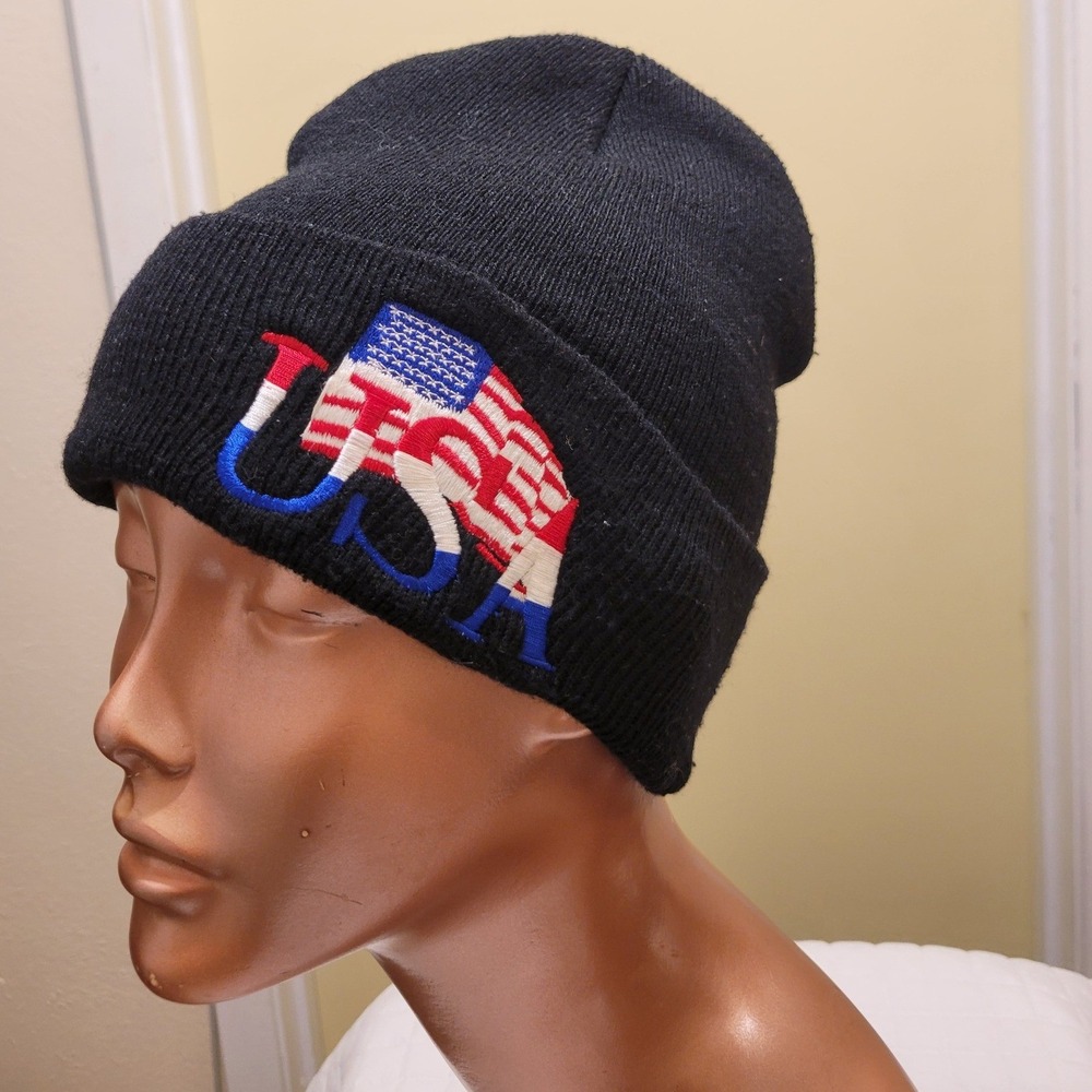USA Flag Embroidered Black Beanie Fourth of July 250th Patriotic America Hat Fun